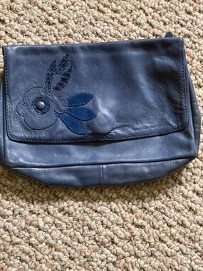 Genuine Leather Floral Appliqué Navy Fold-Over Crossbody Bag